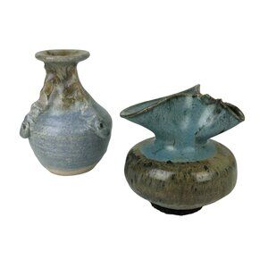 Handmade Folk Art Pottery Vases Set of 2 Shelf Home Decor Blue Tan Small